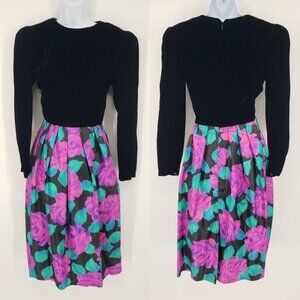 Donna Morgan Vintage 80s Floral Midi Dress 3/4 Velvet Puff Long Sleeve Cocktail